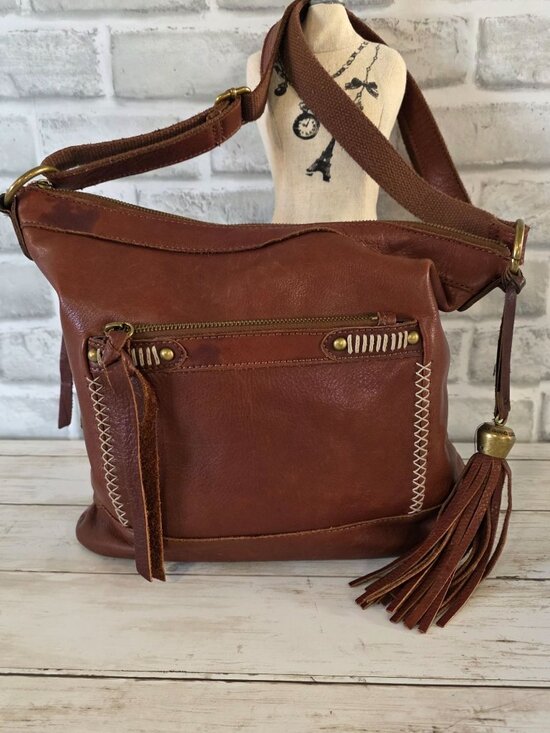 Lucky Brand Brown Leather Boho Slouchy Bag Crossbody Rustic Distressed - Picture 1 of 11